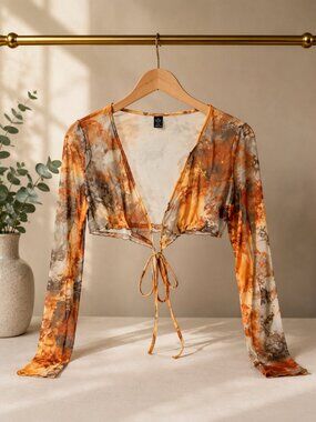 NWT Sheer Mesh Tie Front Bolero Shrug | Brown & Orange Marble Print | Size 1XL